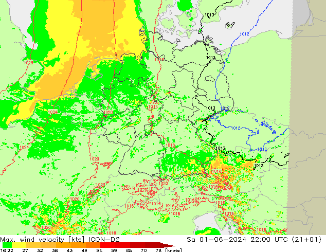 Max. wind velocity ICON-D2 So 01.06.2024 22 UTC