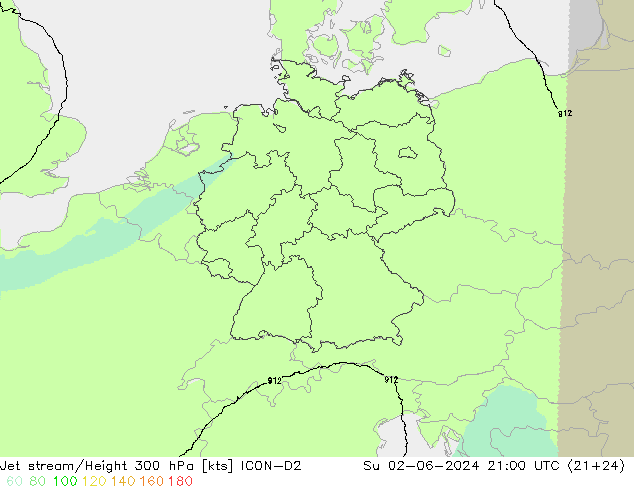 Jet stream/Height 300 hPa ICON-D2 Ne 02.06.2024 21 UTC