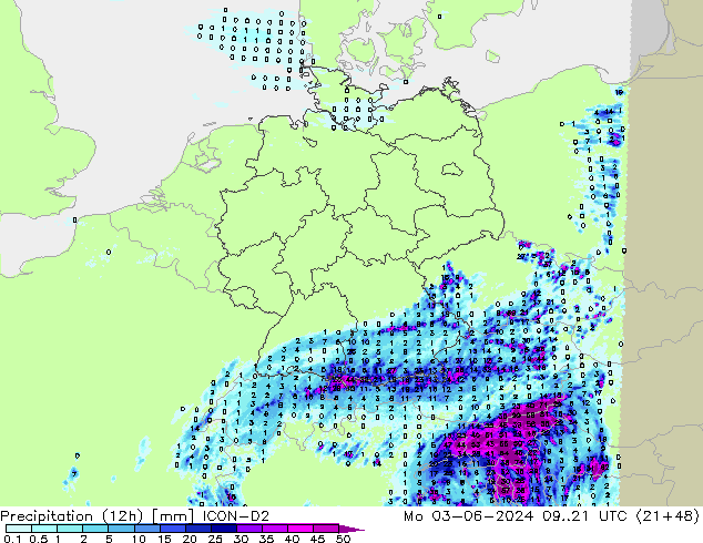 Precipitation (12h) ICON-D2 Po 03.06.2024 21 UTC