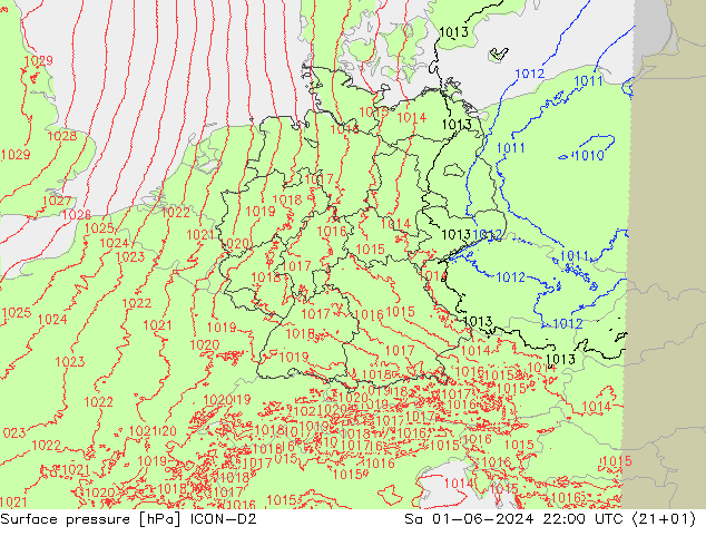 Presión superficial ICON-D2 sáb 01.06.2024 22 UTC