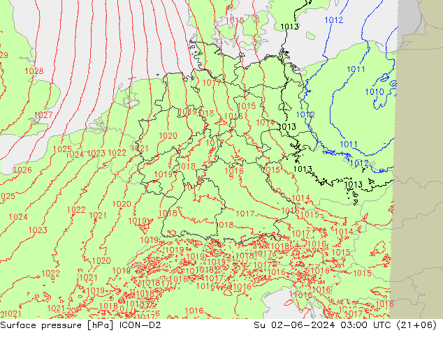 Presión superficial ICON-D2 dom 02.06.2024 03 UTC