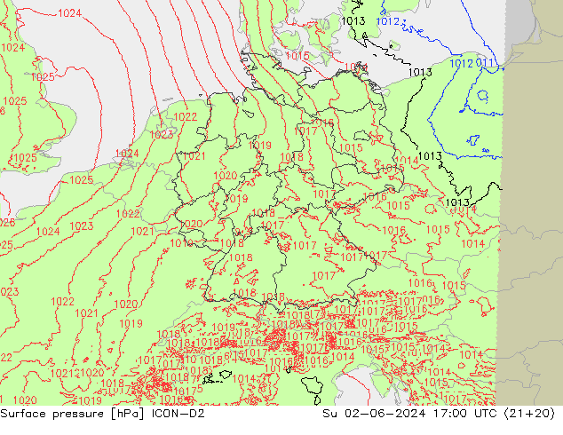 Atmosférický tlak ICON-D2 Ne 02.06.2024 17 UTC