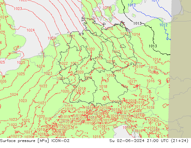 Atmosférický tlak ICON-D2 Ne 02.06.2024 21 UTC