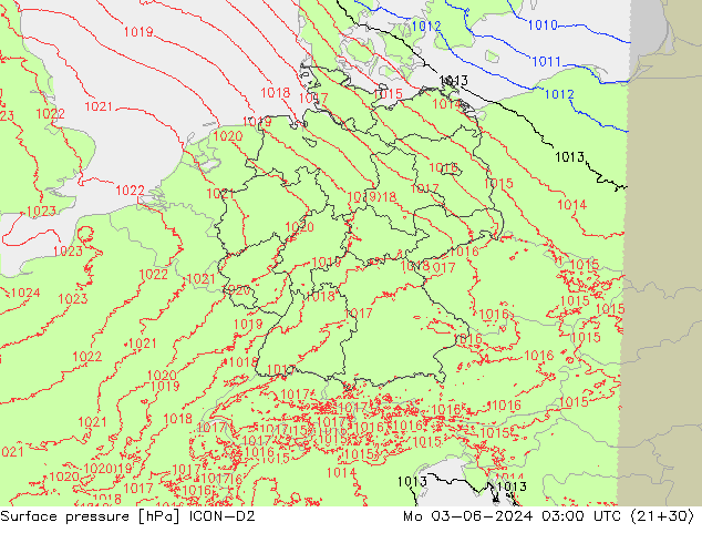 pressão do solo ICON-D2 Seg 03.06.2024 03 UTC