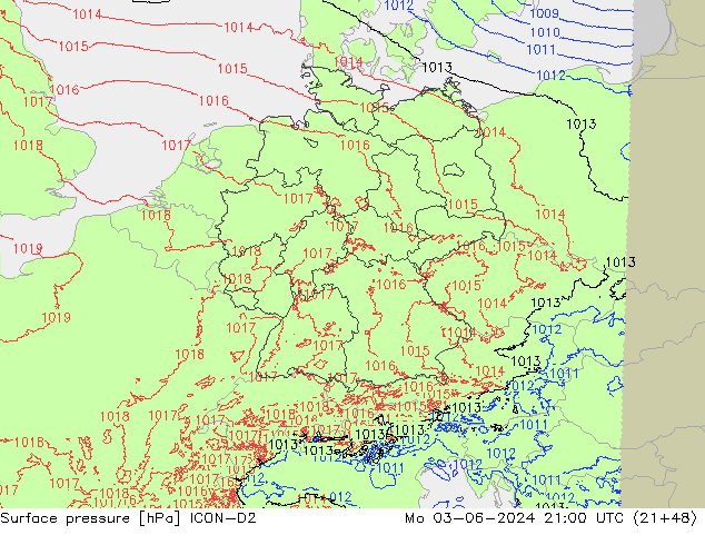 Atmosférický tlak ICON-D2 Po 03.06.2024 21 UTC