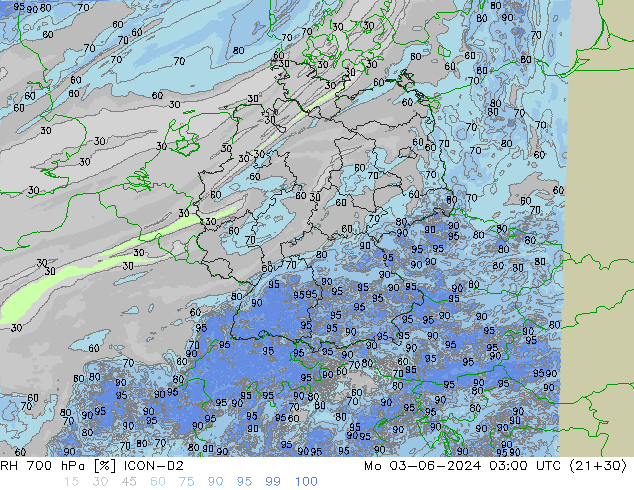 RH 700 hPa ICON-D2 Mo 03.06.2024 03 UTC