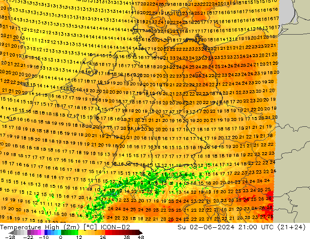 Temp. massima (2m) ICON-D2 dom 02.06.2024 21 UTC