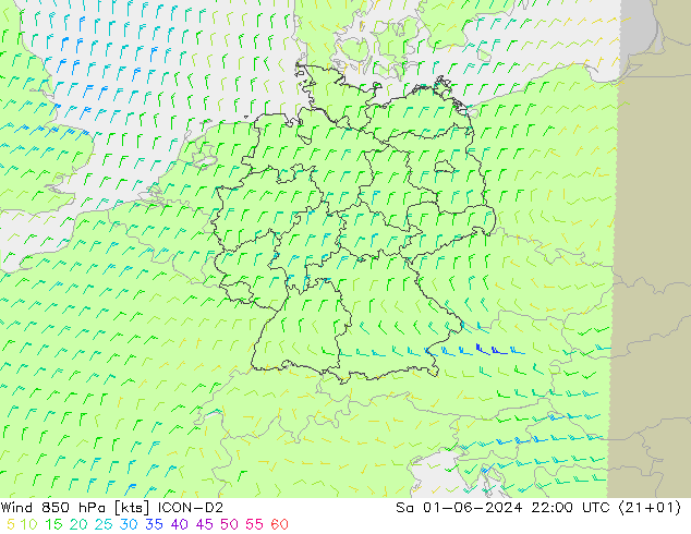 Viento 850 hPa ICON-D2 sáb 01.06.2024 22 UTC