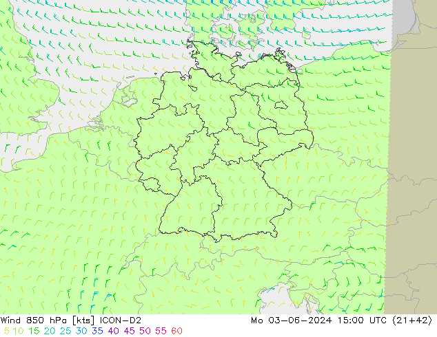 Wind 850 hPa ICON-D2 Mo 03.06.2024 15 UTC