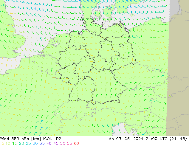 Viento 850 hPa ICON-D2 lun 03.06.2024 21 UTC