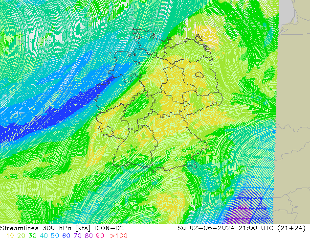 Rüzgar 300 hPa ICON-D2 Paz 02.06.2024 21 UTC