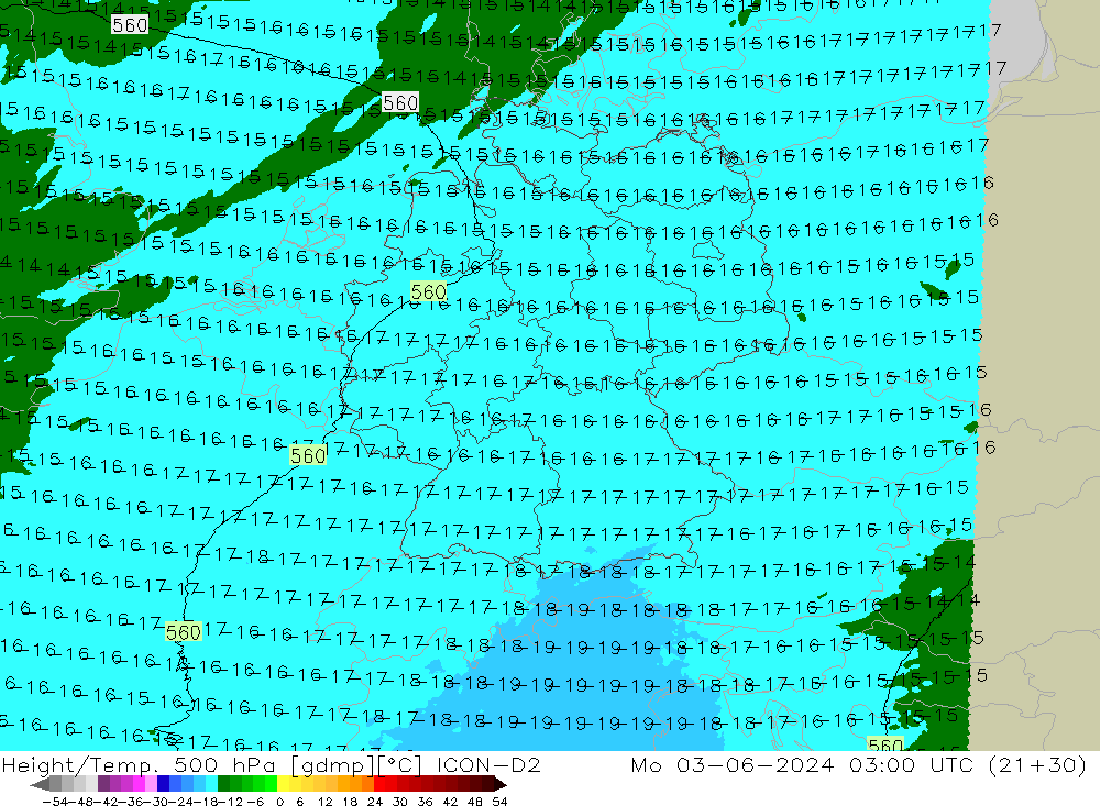 Height/Temp. 500 hPa ICON-D2 Mo 03.06.2024 03 UTC