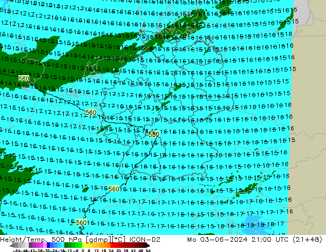 Height/Temp. 500 hPa ICON-D2 Seg 03.06.2024 21 UTC