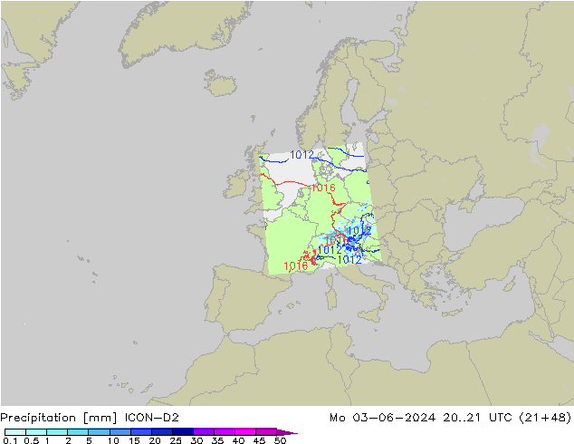 Srážky ICON-D2 Po 03.06.2024 21 UTC