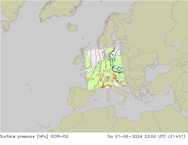 Surface pressure ICON-D2 Sa 01.06.2024 22 UTC