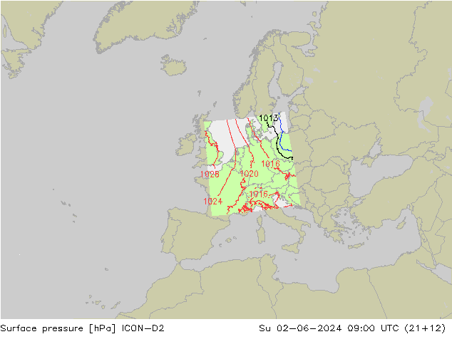 Surface pressure ICON-D2 Su 02.06.2024 09 UTC