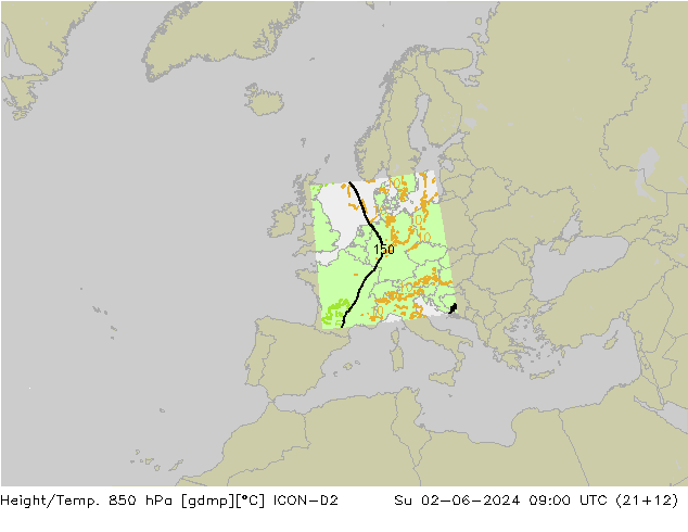 Hoogte/Temp. 850 hPa ICON-D2 zo 02.06.2024 09 UTC