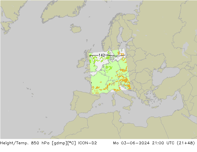 Height/Temp. 850 hPa ICON-D2 Mo 03.06.2024 21 UTC