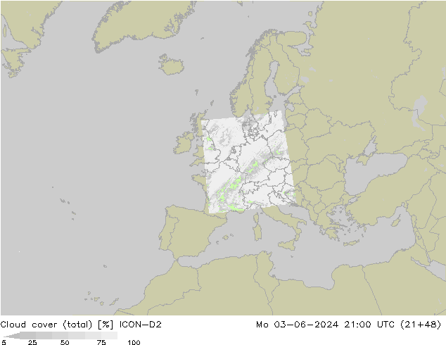 Cloud cover (total) ICON-D2 Mo 03.06.2024 21 UTC