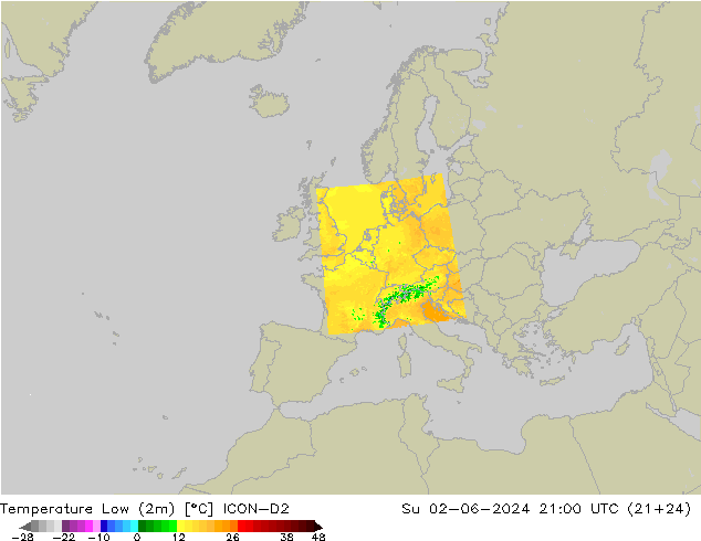 Tiefstwerte (2m) ICON-D2 So 02.06.2024 21 UTC