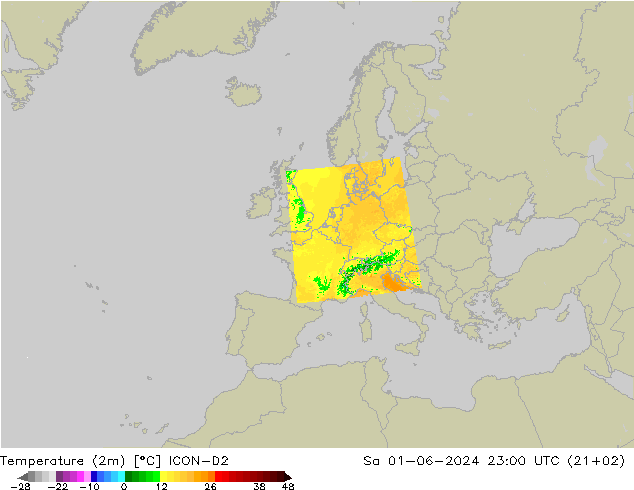 mapa temperatury (2m) ICON-D2 so. 01.06.2024 23 UTC