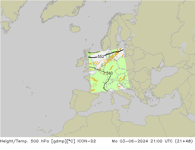 Geop./Temp. 500 hPa ICON-D2 lun 03.06.2024 21 UTC