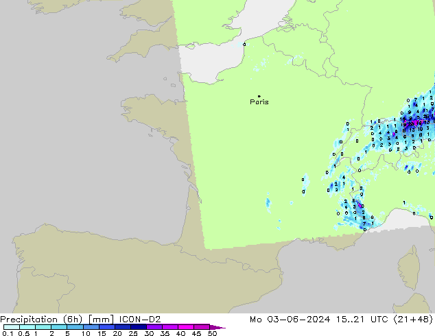Precipitación (6h) ICON-D2 lun 03.06.2024 21 UTC