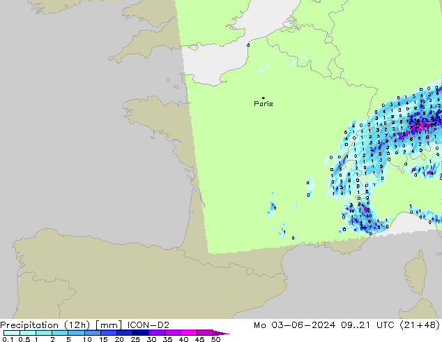 Nied. akkumuliert (12Std) ICON-D2 Mo 03.06.2024 21 UTC