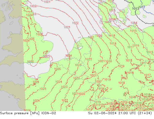 Surface pressure ICON-D2 Su 02.06.2024 21 UTC