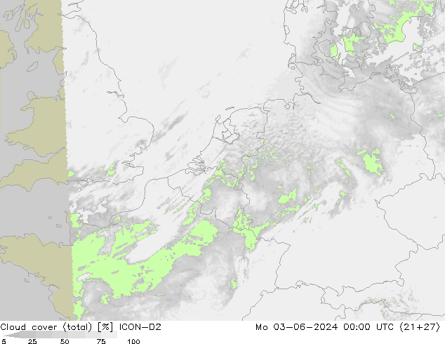 Cloud cover (total) ICON-D2 Po 03.06.2024 00 UTC