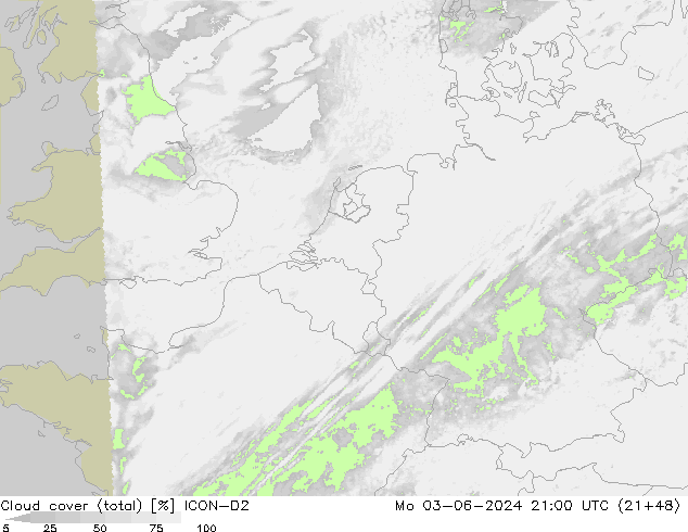 Cloud cover (total) ICON-D2 Mo 03.06.2024 21 UTC