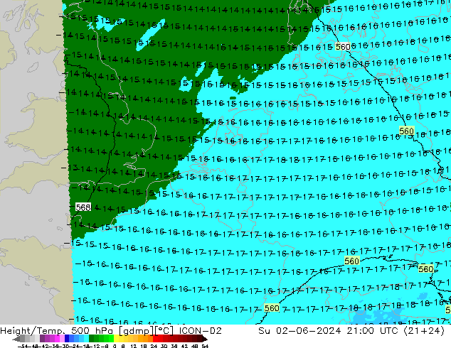 Hoogte/Temp. 500 hPa ICON-D2 zo 02.06.2024 21 UTC