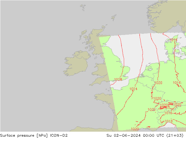 Surface pressure ICON-D2 Su 02.06.2024 00 UTC