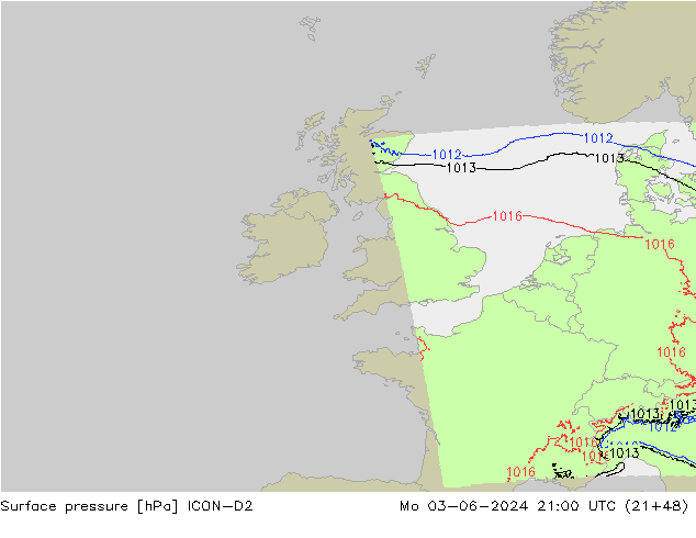 Presión superficial ICON-D2 lun 03.06.2024 21 UTC