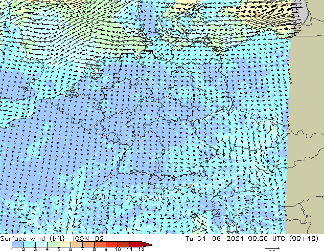Surface wind (bft) ICON-D2 Tu 04.06.2024 00 UTC