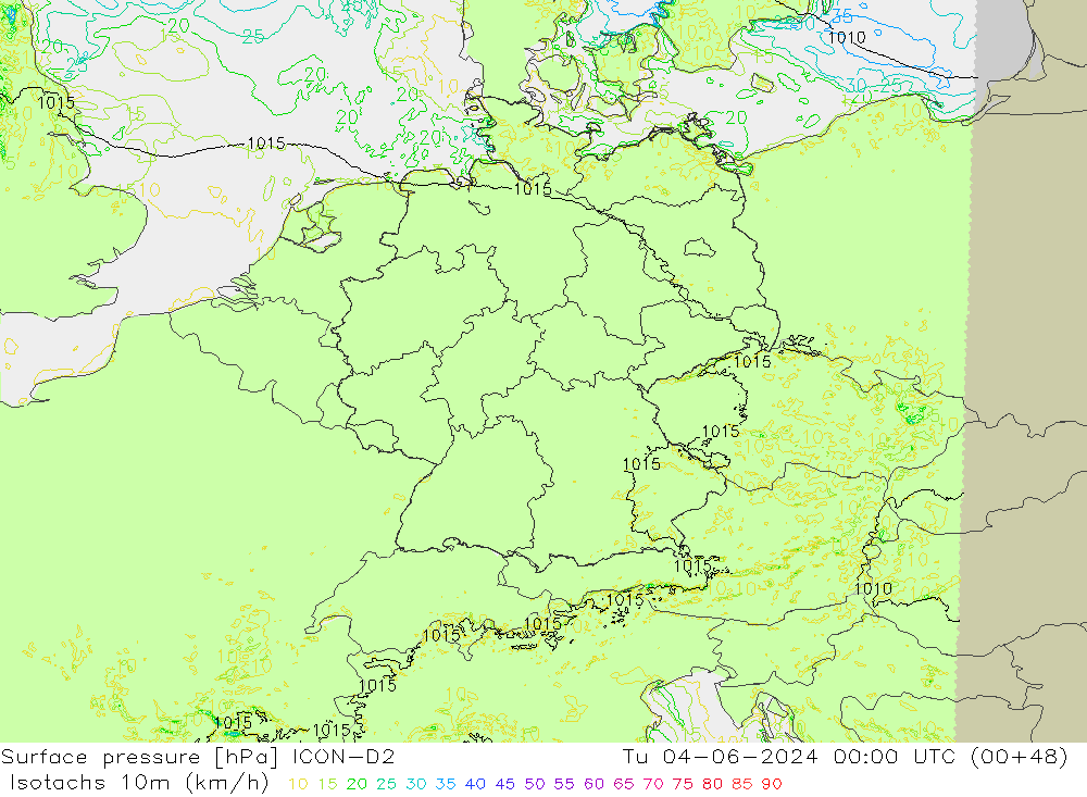 Isotachen (km/h) ICON-D2 Di 04.06.2024 00 UTC