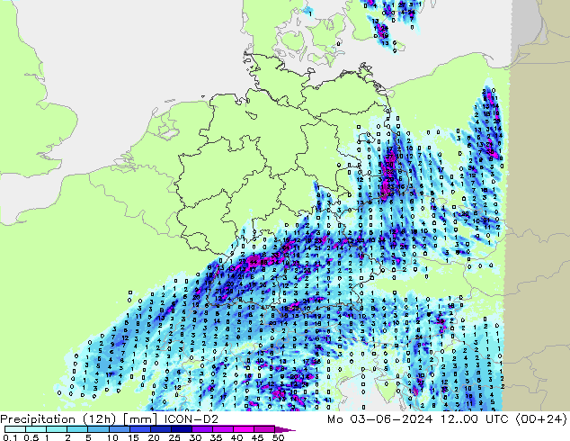 Yağış (12h) ICON-D2 Pzt 03.06.2024 00 UTC