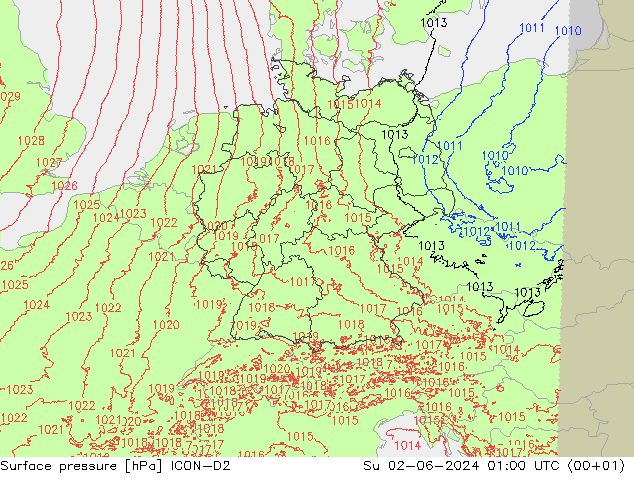 Atmosférický tlak ICON-D2 Ne 02.06.2024 01 UTC