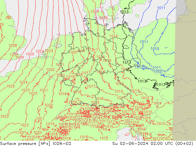 地面气压 ICON-D2 星期日 02.06.2024 02 UTC