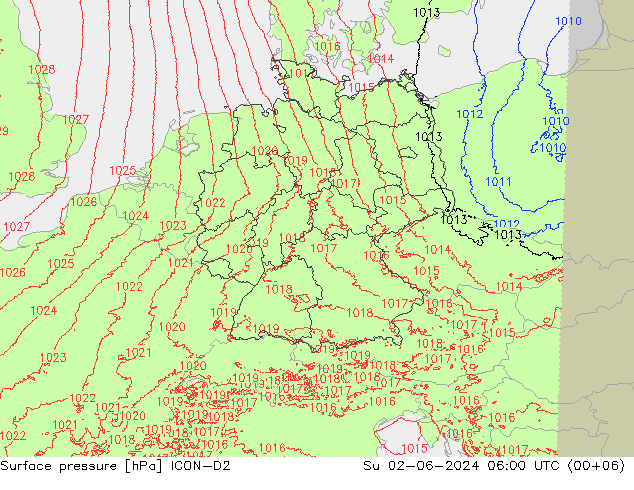 Surface pressure ICON-D2 Su 02.06.2024 06 UTC