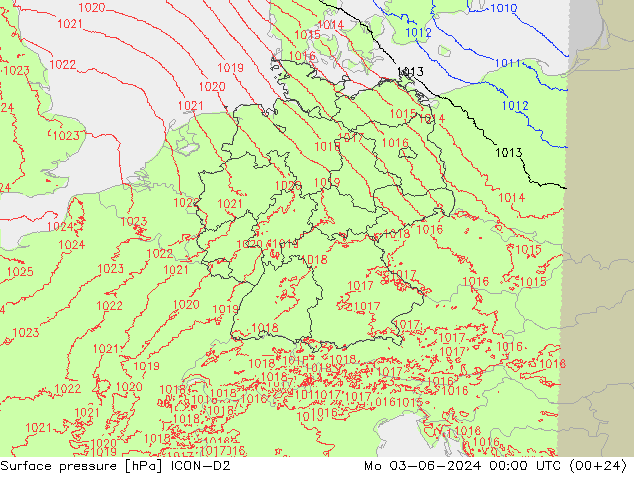 Pressione al suolo ICON-D2 lun 03.06.2024 00 UTC