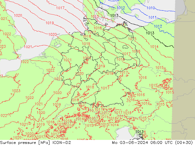 Pressione al suolo ICON-D2 lun 03.06.2024 06 UTC