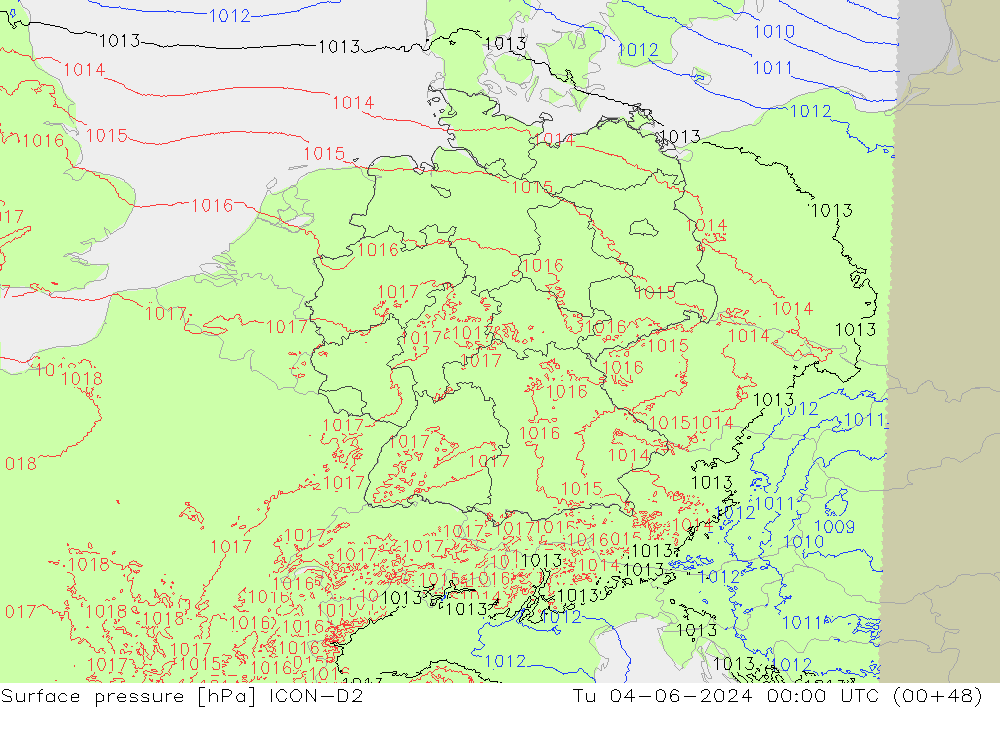Luchtdruk (Grond) ICON-D2 di 04.06.2024 00 UTC