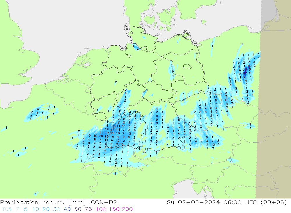 Precipitation accum. ICON-D2 Su 02.06.2024 06 UTC