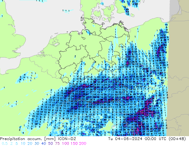 Precipitation accum. ICON-D2 Tu 04.06.2024 00 UTC