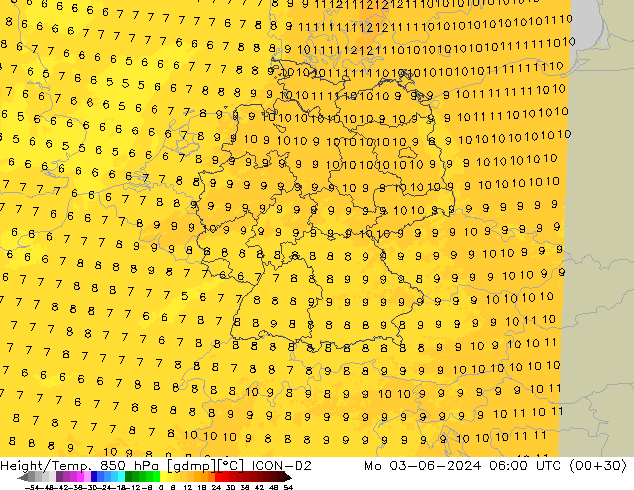 Height/Temp. 850 hPa ICON-D2 Mo 03.06.2024 06 UTC