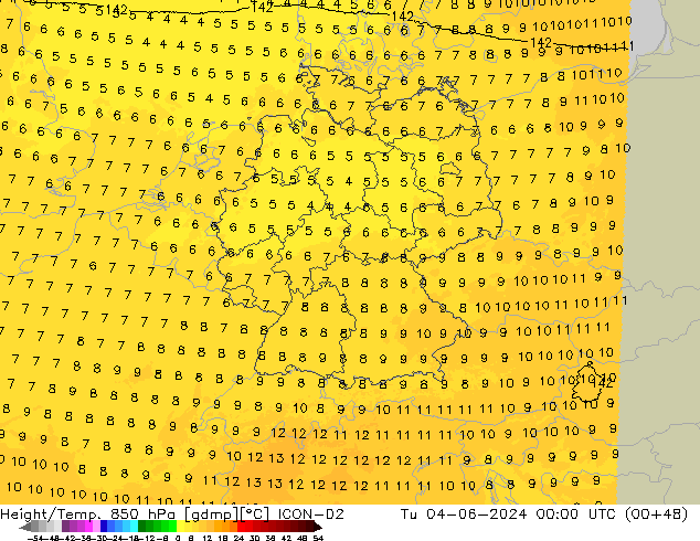 Height/Temp. 850 hPa ICON-D2 Tu 04.06.2024 00 UTC