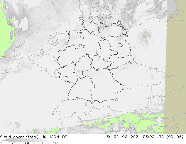 Nubes (total) ICON-D2 dom 02.06.2024 06 UTC