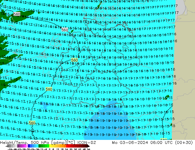 Height/Temp. 500 hPa ICON-D2 Mo 03.06.2024 06 UTC