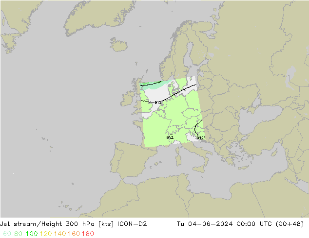 Jet stream/Height 300 hPa ICON-D2 Út 04.06.2024 00 UTC